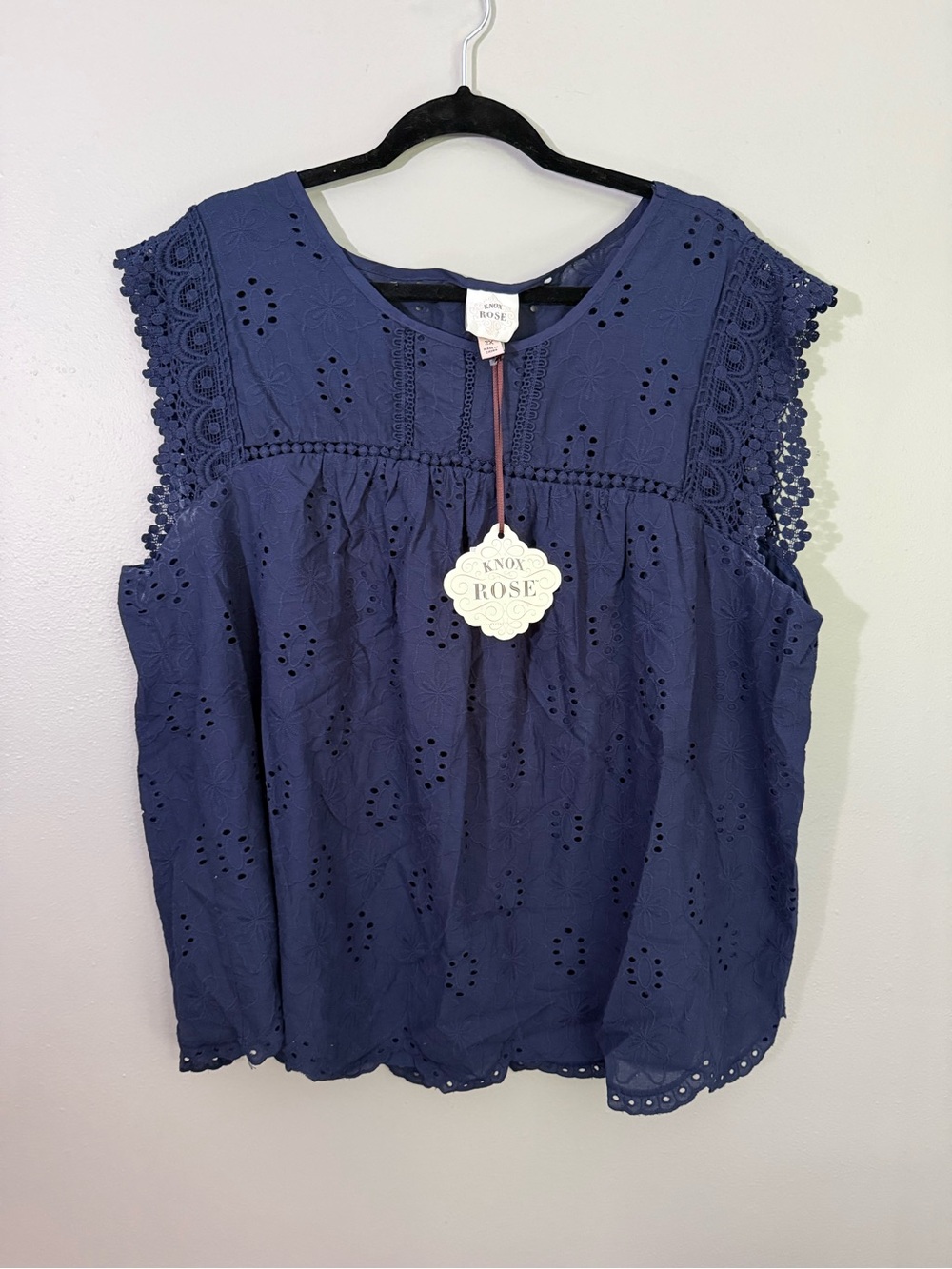 Knox Rose Navy Eyelet Lace Cap-Sleeve Blouse